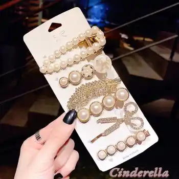 6lı Yeni Trend Moda İncili ve Taşlı Büyük Klips Çıtçıt Pens Toka Seti