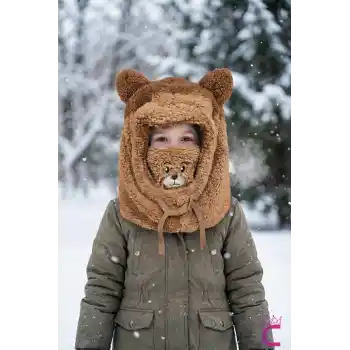 Sevimli Ayıcıklı Yumuşak Peluş Bere Boyunluklu Şapka Atkı Bir Arada Kahve 3-12 Yaş Kışlık Hediyelik