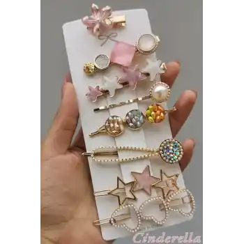 8li Kadın İncili Taşlı Yıldızlı Kalpli Çiçekli Özel Toka Seti - Pens Çıtçıt Klips Yan Saç Tokası
