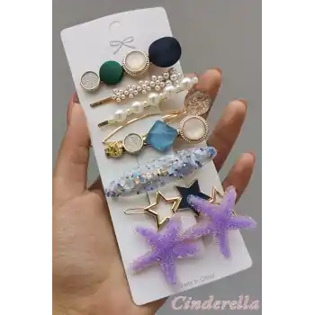 8li Kadın Mor Deniz Yıldızlı İncili Taşlı Özel Toka Seti - Lüks Pens Çıtçıt Klips Yan Saç Tokası