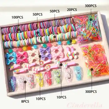 848 Parça Hediyelik Kutulu Çocuk Toka Seti - Lastikli Fiyonk Gökkuşağı Unicorn Çıt Çıt Saç Tokası