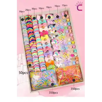 895 Parça Hediyelik Kutulu Kız Çocuk Toka Seti - Unicorn Fiyonk Yıldız Çıtçıtlı Bebek Saç Tokası