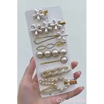 8li Özel İncili Taşlı Kurdele Tavşan Çiçek Detaylı Toka Seti - Yeni Trend Pens Çıtçıt Yan Saç Tokası