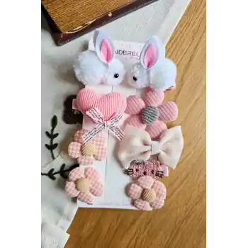 9lu Beyaz Tavşanlı Yumuşak Kız Bebek Pens Toka Seti - Kurdeleli Kalpli Çiçekli Çocuk Saç Tokası