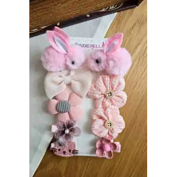 9lu Pembe Tavşanlı Kız Bebek Pens Toka Seti - Fiyonk Kurdele İncili Çiçekli Kız Çocuk Saç Tokası