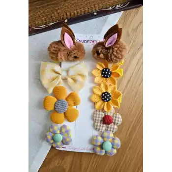 9lu Kahverengi Tavşanlı Astarlı Kız Bebek Pens Toka Seti - Fiyonklu Çiçekli Kız Çocuk Saç Tokası