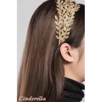 Avrupa Stil Barok Yapraklı Model Kadın Tacı Gold - Zarif ve Şık Taç Saç Bandı Aksesuarı