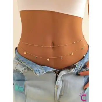 Avrupa Tarzı Modern 2li Kombin Gold Boncuk Taşlı Bel Zinciri - Vücut Bikini Kolyesi Göbek Takısı