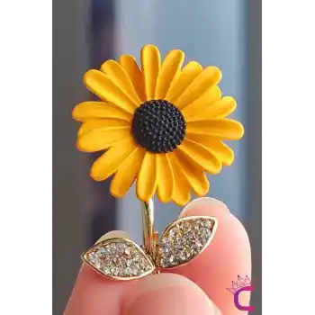 Ayçiçeği Çiçekli Tasarım Zirkon Taşlı Kadın Broş - Hediyelik Elbise Ceket Aksesuar Yaka Iğnesi Broşu
