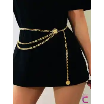Ayçiçekli İconlu Gold Bel Zinciri - Ayarlanabilir Vücut Elbise Bel Kolyesi Kemeri Göbek Takısı