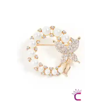 Barok İncili Kristal Taşlı Kelebek Tasarım Kadın Broş - Kelebekli Hediyelik Elbise Yaka İğnesi Broş