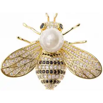 Beyaz İncili Kristal Taşlı Tasarım Arı Broş - Hediyelik Kadın Aksesuar Elbise Ceket Yaka İğnesi Broş