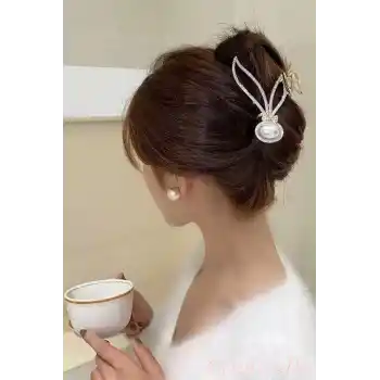 Büyük İnci Taşlı Fiyonk Detaylı Taşlı Kadın Gold Metal Mandal Toka - Lüks Mandallı Saç Tokası