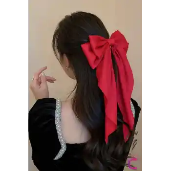 Büyük Kırmızı Saten Otomatik Fiyonk Toka 35cm - Uzun Fiyonklu Kurdeleli Klipsli Fularlı Saç Tokası
