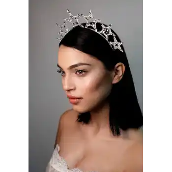 Büyük Yıldızlı Rhine-Stone Kristal Taşlı Taç Gümüş Renk - Parti Doğum Günü Düğün Çekimi Yılbaşı Tacı