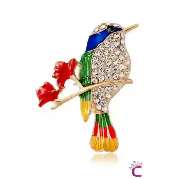 Çiçekli Dal Üstünde Kadın Zirkon Taşlı Renkli Serçe Kuş Broş - Hediyelik Elbise Ceket Yaka İğnesi