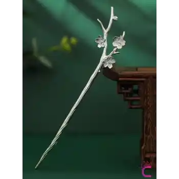 Dal Tasarım Çiçekli Japon Topuz Tokası 18cm Gümüş Renk - Vintage Kadın Metal Saç Çubuk Topuz Tokası