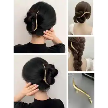 Dekoratif S Tasarım Büyük Boy Pens Saç Tokası Gold Metal 13cm - Kadın Klipsli Yan Toka Topuz Tokası