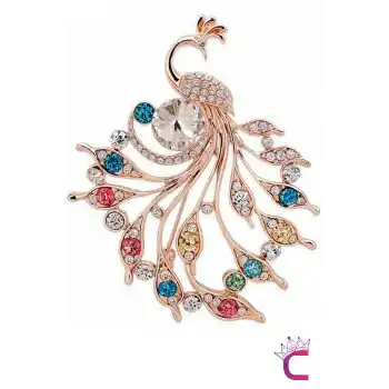 Gümüş Zirkon Taşlı Tasarım Tavus Kuşu Kadın Broş Gold - Özel Hediyelik Aksesuar Elbise Yaka İğnesi