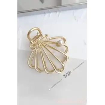 İncili İstiridye Model Kadın Gold Metal Mandal Toka - Orta Boy Sıkı Toplayan Lüks Mandal Saç Tokası