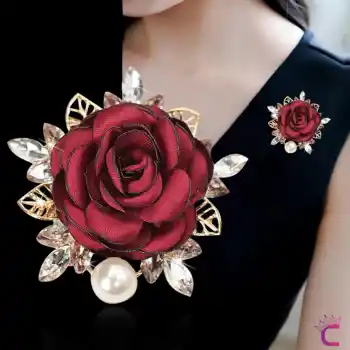 İncili Kristal Taşlı Kırmızı Kumaş Çiçek Gül Broş - Gold Yaprak Yaka Çiçeği İğnesi Aksesuar Hediyesi