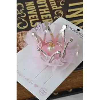 İncili Kristal Taşlı Pembe Tüllü Kraliçe Prenses Kız Çocuk Tacı - Parti Doğum Günü Pens Saç Tokası