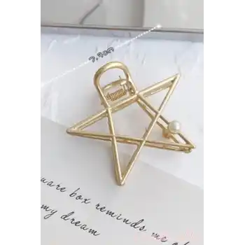 İncili Yıldız Model Kadın Gold Metal Mandal Toka - Orta Boy Sıkı Toplayan Lüks Mandal Saç Tokası