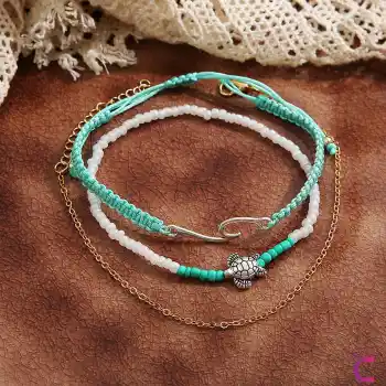 Karetta Figürlü Örgü İpli Miyuki Taşlı Zincirli 3lü Kombin Halhal - Ayarlanabilir İp Halhal