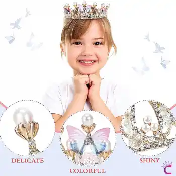 Kelebekli İncili Zirkon Taşlı Kız Çocuk Prenses Tacı Gold- Tiara Doğum Günü Parti Taç Saç Bandı Toka