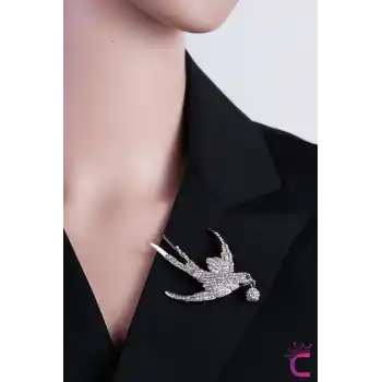 Kırlangıç Kuş Tasarım Taşlı Broş Gümüş Renk - Kadın Hediyelik Elbise Ceket Yaka İğnesi Broş Rozeti