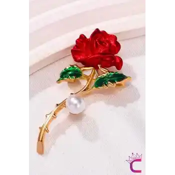 Kırmızı Gül Tasarım İncili Taşlı Kadın Broş - Sevgiliye Eşe Hediyelik Elbise Ceket Yaka İğnesi Broşu