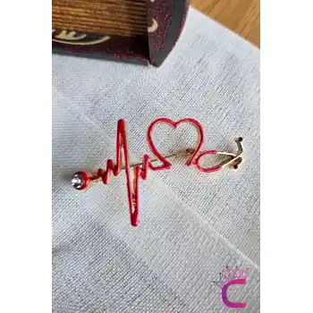 Kırmızı Kalp Atışı Steteskop Doktor Broş Hediyelik Zirkon Taşlı Sağlıkçı Hemşire Yaka İğnesi Broşu