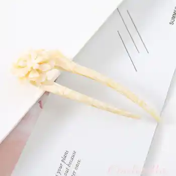 Krem Sarısı Flower Fransız El Yapımı Lüks Kemik Topuz Tokası - Çubuk Saç Topuz Tokası - Topuz Çubuğu