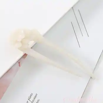 Lazer Beyaz Flower Fransız El Yapımı Lüks Kemik Topuz Tokası - Çubuk Saç Topuz Tokası - Topuz Çubuğu