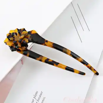 Leopar Flower Fransız El Yapımı Lüks Kemik Topuz Tokası - Çubuk Saç Topuz Tokası - Topuz Çubuğu