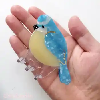 Mavi Baştankara Kuşu Model Lüks Asetat Kemik Mandal Toka 8cm - Yeni Trend Kadın Mandallı Saç Tokası