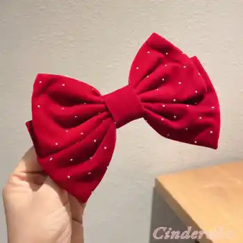 Mini Parlak Taşlı Mat Kadife Fiyonk Otomatik Toka Kırmızı - Zarif Fiyonklu Kurdele Kadın Saç Tokası