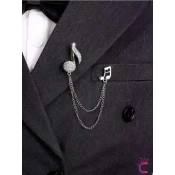 Müzik Notası Zirkon Taşlı Zincirli Broş Gümüş - Hediyelik Damat Yaka Zinciri Ceket Kıyafet İğnesi