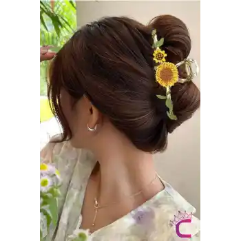 Örgü Ayçiçeği Sarmaşık Yapraklı Tasarım Çiçekli Kadın Mandal Toka Metal Gold - Zarif Saç Tokası