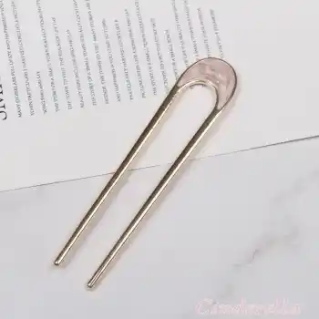 Oval Pembe & Beyaz Detaylı Metal Topuz Tokası - Çubuk Saç Tokası - Saç Çubuğu