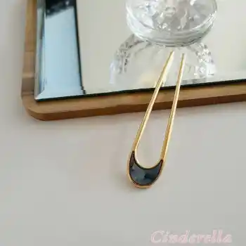 Oval Sedef Detaylı Metal Topuz Tokası - Çubuk Saç Tokası - Saç Çubuğu