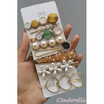 Özel 8li Kadın İç İçe Kalpli İnci Taşlı Toka Seti - Yeni Sezon Pens Çıtçıtlı Klips Yan Saç Tokası