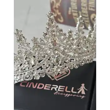 Özel Seri Zirkon İşlemeli Kristal Taşlı Prenses Gelin Tacı Gümüş - Kraliçe Helen Düğün Nişan Taç