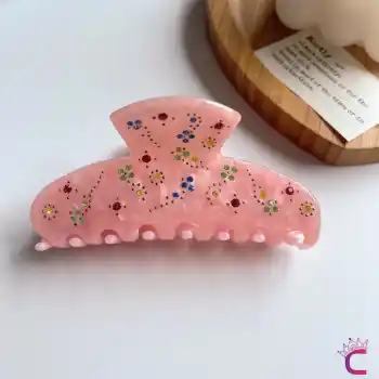 Özel Tasarım Çiçekli İşlemeli Taşlı Asetat Kemik Mandal Toka 10 cm - Kadın Hediyesi Saç Topuz Tokası