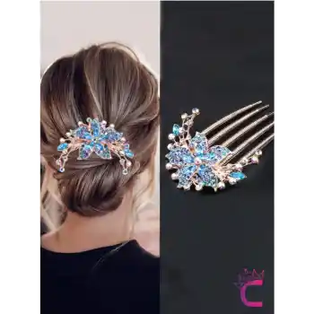 Özel Tasarım Rhine-Stone Kristal Taşlı Taraklı Saç Topuz Tokası Bebek Mavi - Zarif Kadın Tarak Toka