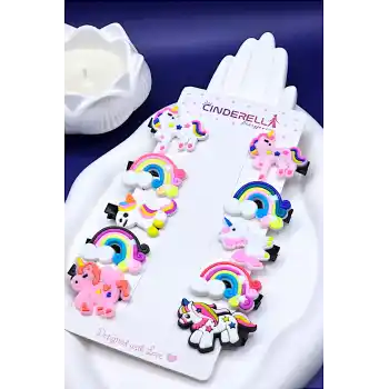 10lu Unicorn Gökkuşağı Tasarım Kız Çocuk Pens Toka Seti - Sevimli Bebek Saç Tokası Klips Toka