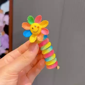 Papatya Model Burgu Yaylı Makarna Toka - Gökkuşağı Renkli Spiral Lastik Saç Tokası
