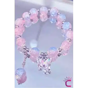 Pembe Aytaşı Boncuklu Zirkon Taşlı Kelebekli Kız Çocuk Bileklik - Hediyelik Takı Aksesuar