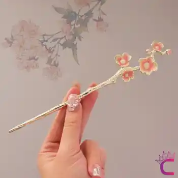 Pembe Çiçek Tomurcuk Tasarım Japon Topuz Çubuğu 18cm - Kadın Metal Saç Topuz Tokası Çubuk Toka