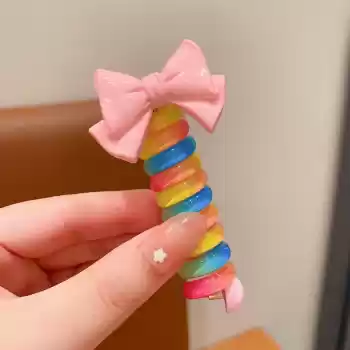 Pembe Fiyonk Model Burgu Yaylı Makarna Toka - Gökkuşağı Renkli Spiral Lastik Saç Tokası
